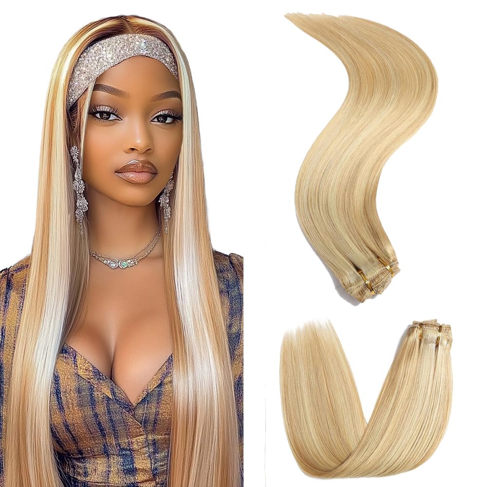 P27613 Blonde Clip in Hair Extensions Real Human Hair, 14 Inch 120g/7Pcs,Full Shine Remy Human Hair,Honey Blonde Straight Clip ins Brazilian Virgin Human Hair Extensions