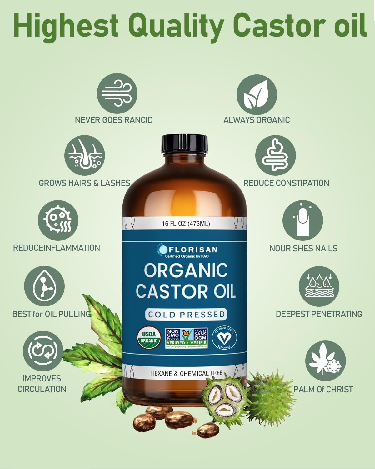 Organic Castor Oil - USDA Certified, Cold Pressed, Hexane-Free | 16oz Glass Bottle for Hair Growth, Skin & Lashes