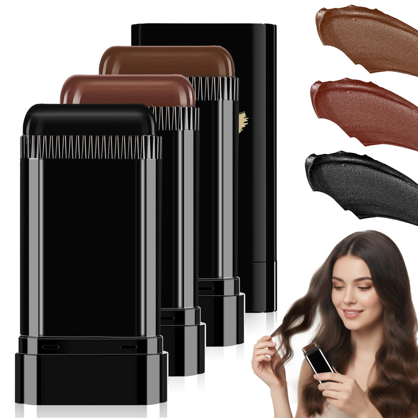 3PCS 2 in 1 Instant Hair Color Stick, Waterproof and Sweat Proof Hair Dye Stick, Portable 3 Color Touch-Up Hair Sticks With Comb for Women Men