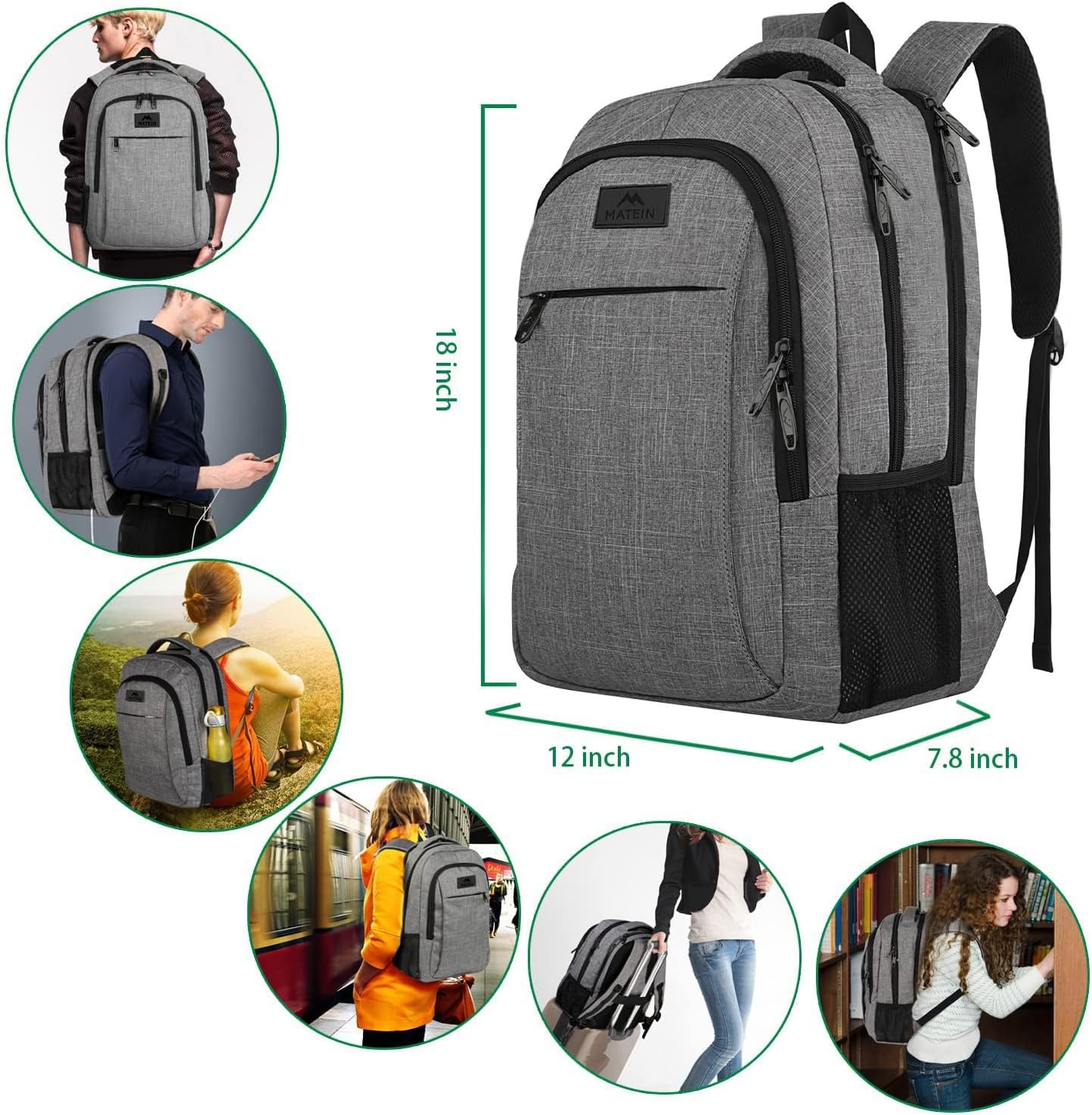 MATEIN Travel Laptop Backpack - Anti-Theft Water-Resistant Bag for 15.6" Laptops | Grey
