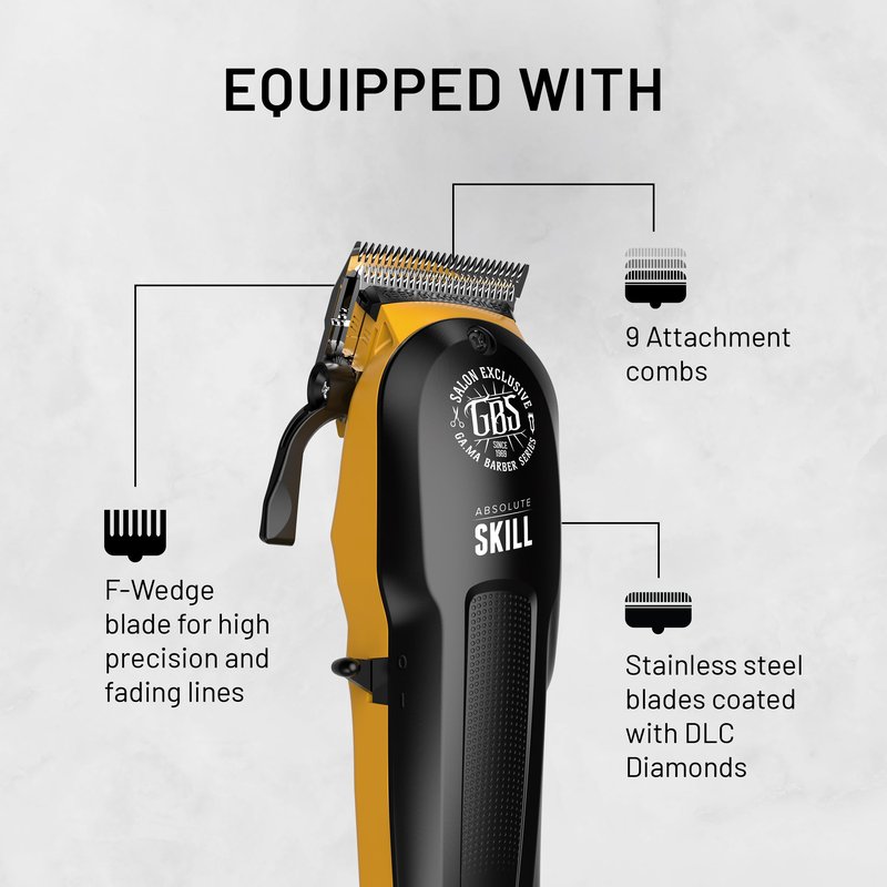 GA.MA Absolute Skill Professional Hair Clipper, Corded & Cordless, F-Wedge Blade for Fading, DLC Stainless Steel Blade, 60 Min Runtime