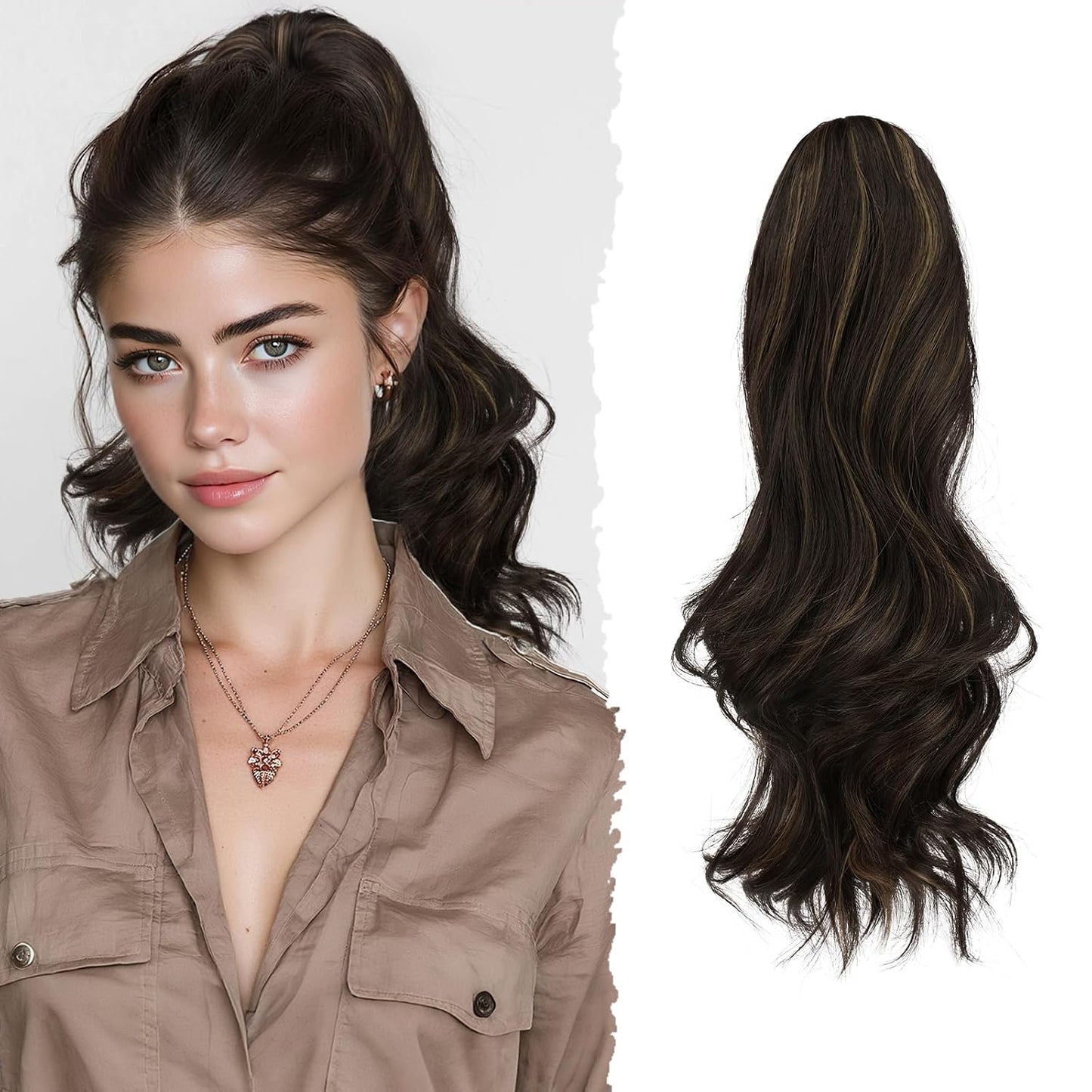 Sofeiyan Claw Clip Ponytail Extension - 16" Curly Wavy Synthetic Hairpiece | Medium Brown & Light Auburn
