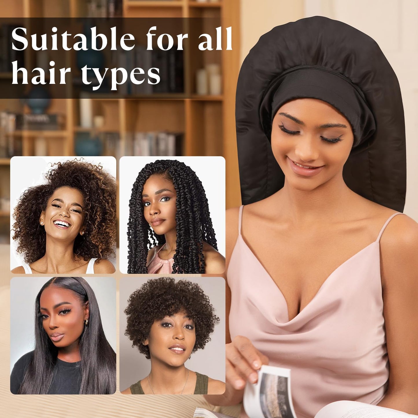 Amzpic Thermal Hair Steamer Cap for Deep Conditioning | 10-Level Fast Heating 3 Timer Settings Portable Electric Heat Cap for Natural Black Hair Home Hair Spa Treatment, Solid Black