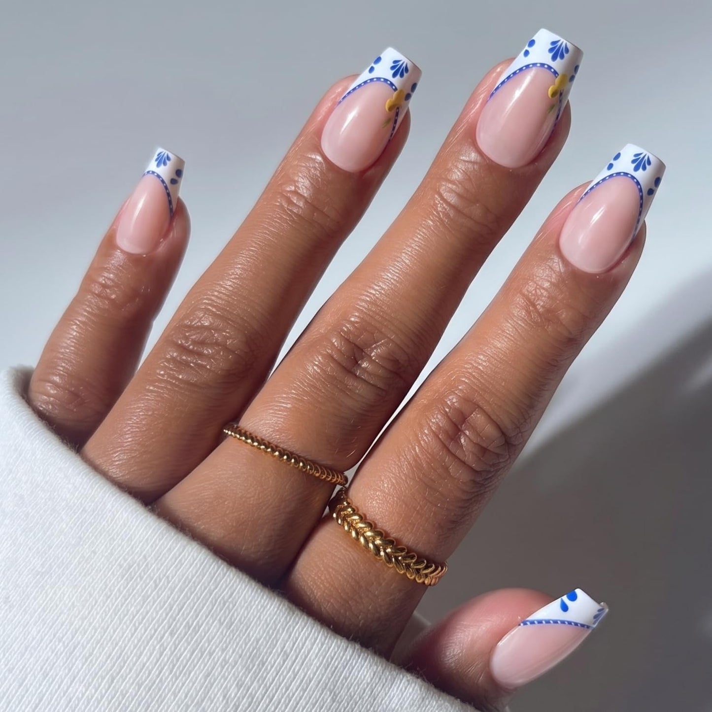 Glamnetic Press On Nails - Medium Coffin Fake Nails with Blue & White French Tips | Salon Quality Vacation Nails | Tuscan Twist | 15 Sizes - 30 Nail Kit with Glue