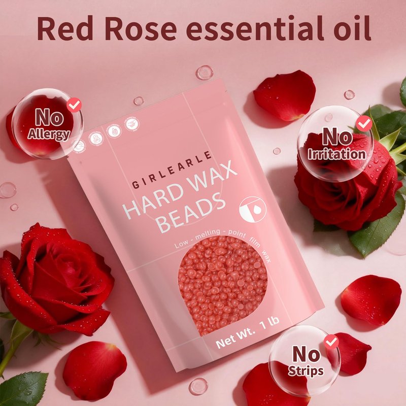 GIRLEARLE 1LB Hard Wax Beads for Hair Removal, Low Melt Hard Wax Beads with Red Rose Formula, Wax Beads for Brazilian Waxing & Sensitive Skin, Stripless Hard Wax for Bikini, Face & Body At-Home Waxing