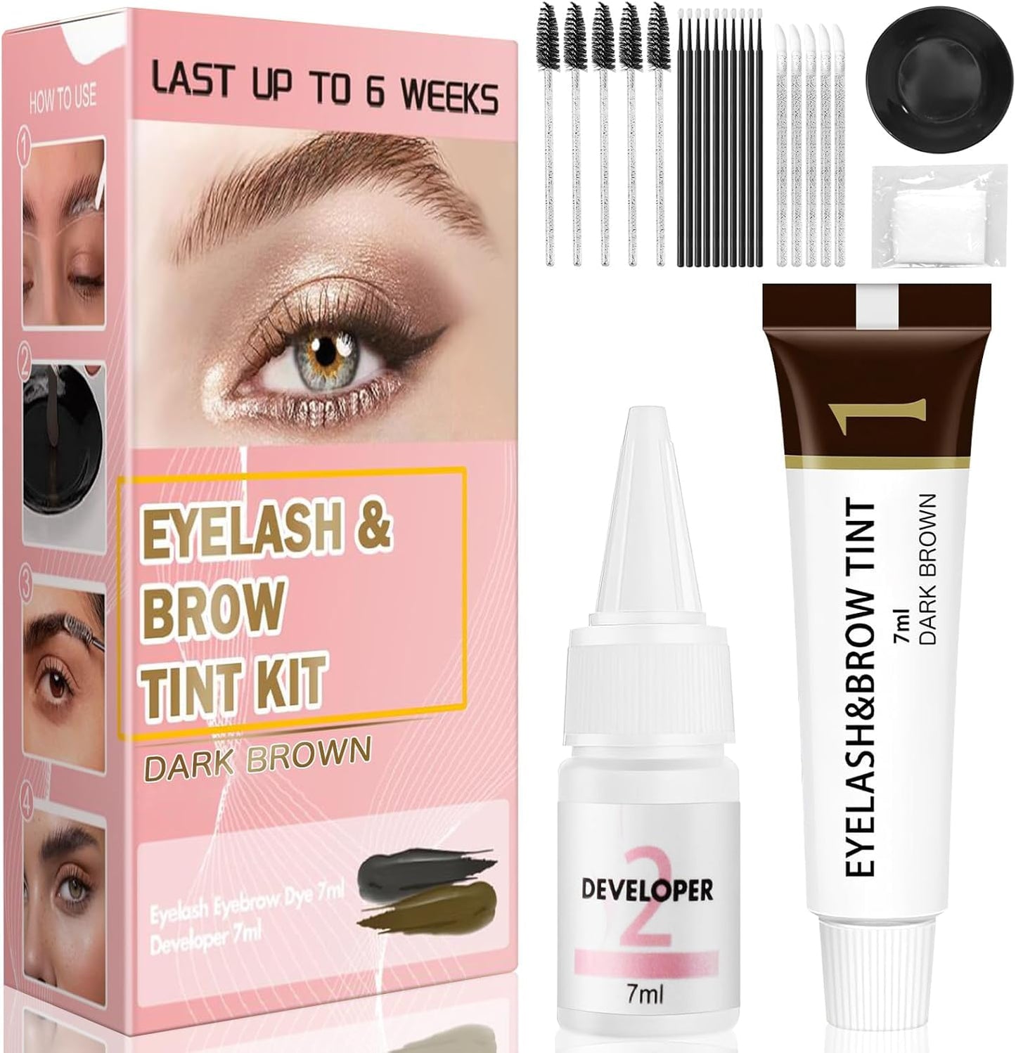 Eyelash & Eyebrow Color Kit,2 in 1 Professional Lash & Brow Color Kit Lash Color Kit with Brush Long Last Effect Up to 6 weeks,Natural,Safe & Easy Natural Brows Color DIY at Home (DARK BROWN)