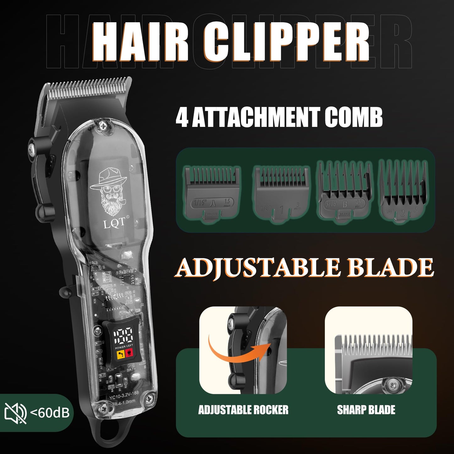LQT Professional Barber Kit for Men,Cordless Hair Clipper, Beard Trimmer, Foil Shaver,Nose Hair Trimmer Set, Transparent Design, LED Display,Home Grooming Tools,Gifts for Men, Father's Day & Holidays