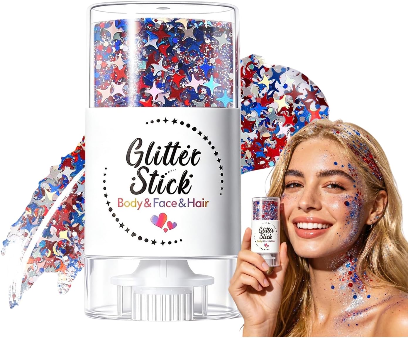 Patriotic Body Glitter Stick - Red, White & Blue Waterproof Face Glitter for 4th of July | 2-Pack