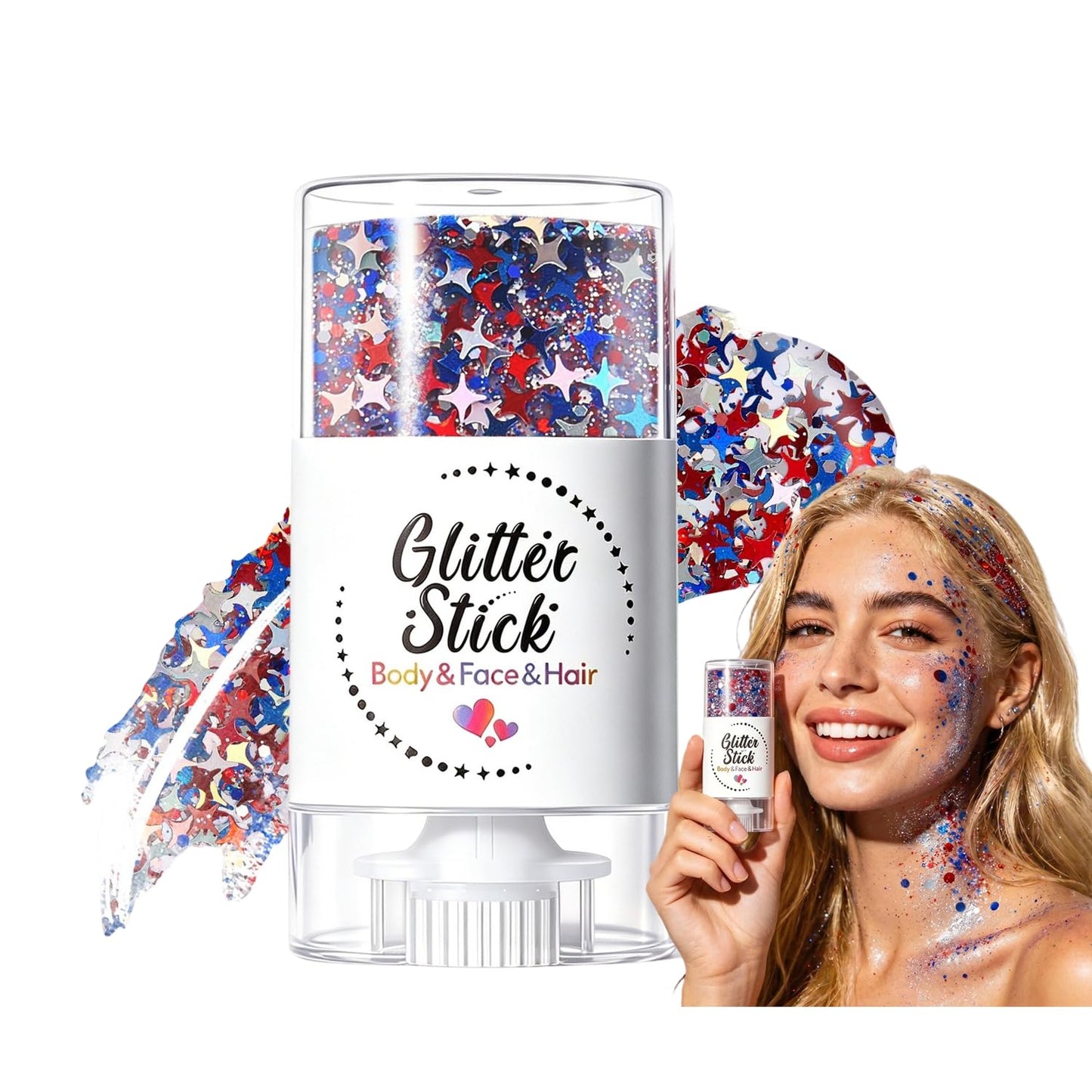 4th of July Patriotic Body Glitter Stick, Red White Blue Face Glitter Stick, Waterproof Festival Fourth of July Glitter for Body Hair Face, Patriotic Glitter for 4th of July Decorations (B)