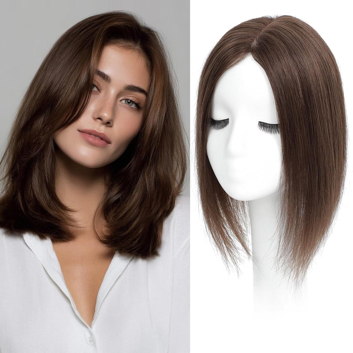 Real Human Hair Toppers for Women - 12 Inch Thinning Hairpieces | Dark Brown Color