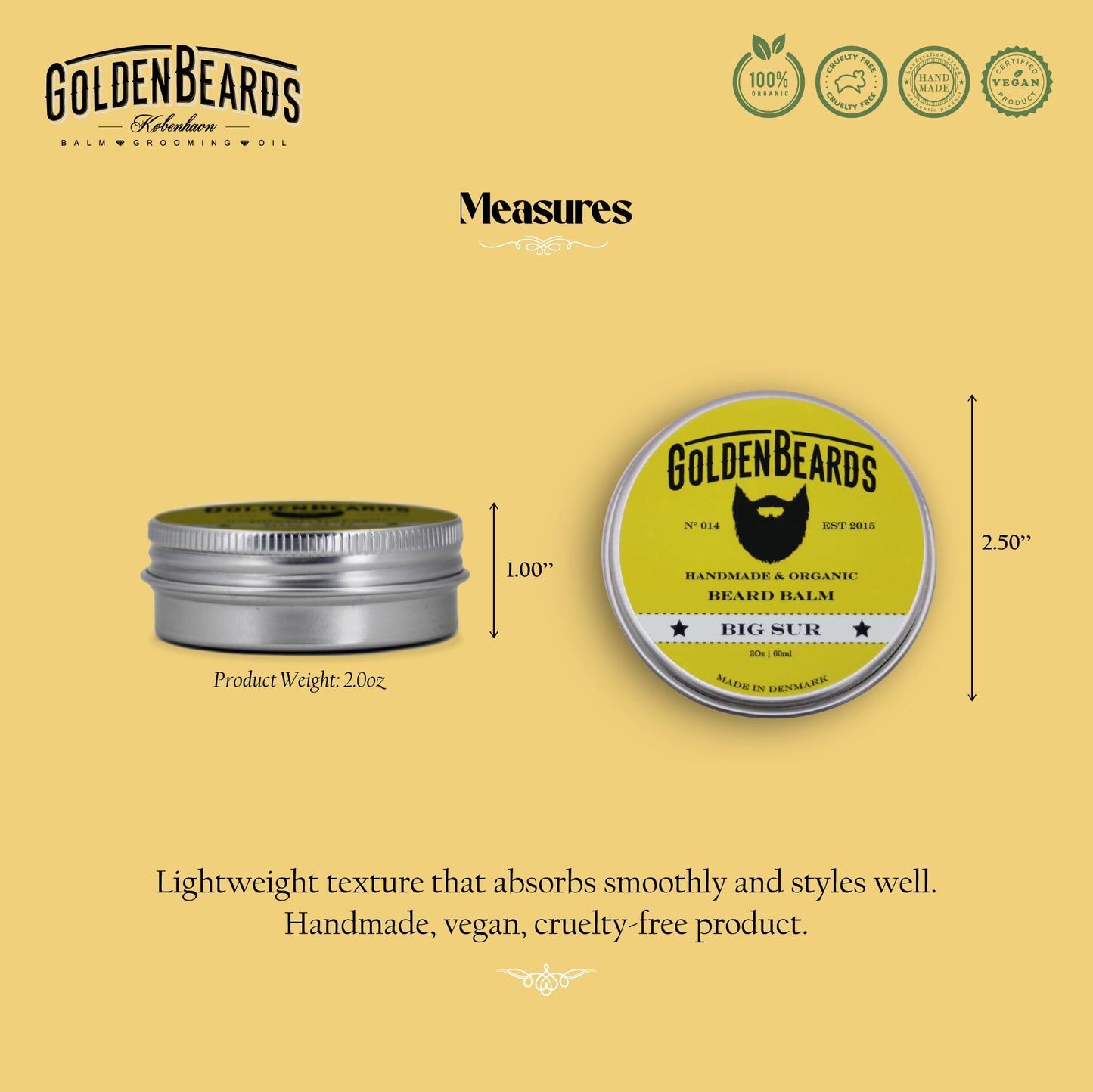 Golden Beards Organic Beard Balm Big Sur – Shea, Cocoa & Argan Butter Blend with Lime & Patchouli Scent – 60ml Vegan Beard Softener & Styling Balm, Handmade in Denmark.