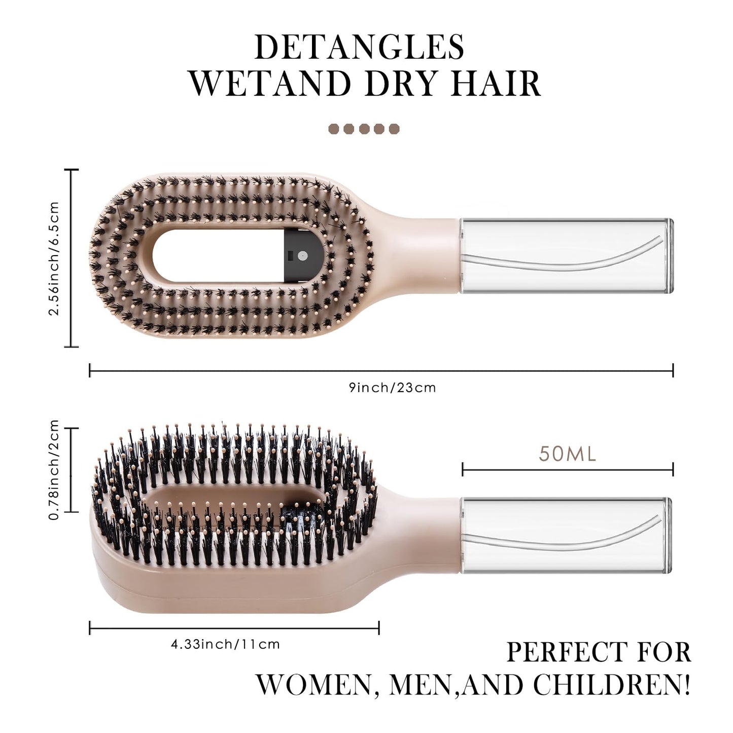 2-in-1 Manual Non-Electric Detangler Hair Brush with Built-In Mister Spray, Wet & Dry Detangling Brush for Curly, Wavy & Straight Hair, No-Tangle Anti-Frizz Brush，Reservoir 50ml.(Khaki)