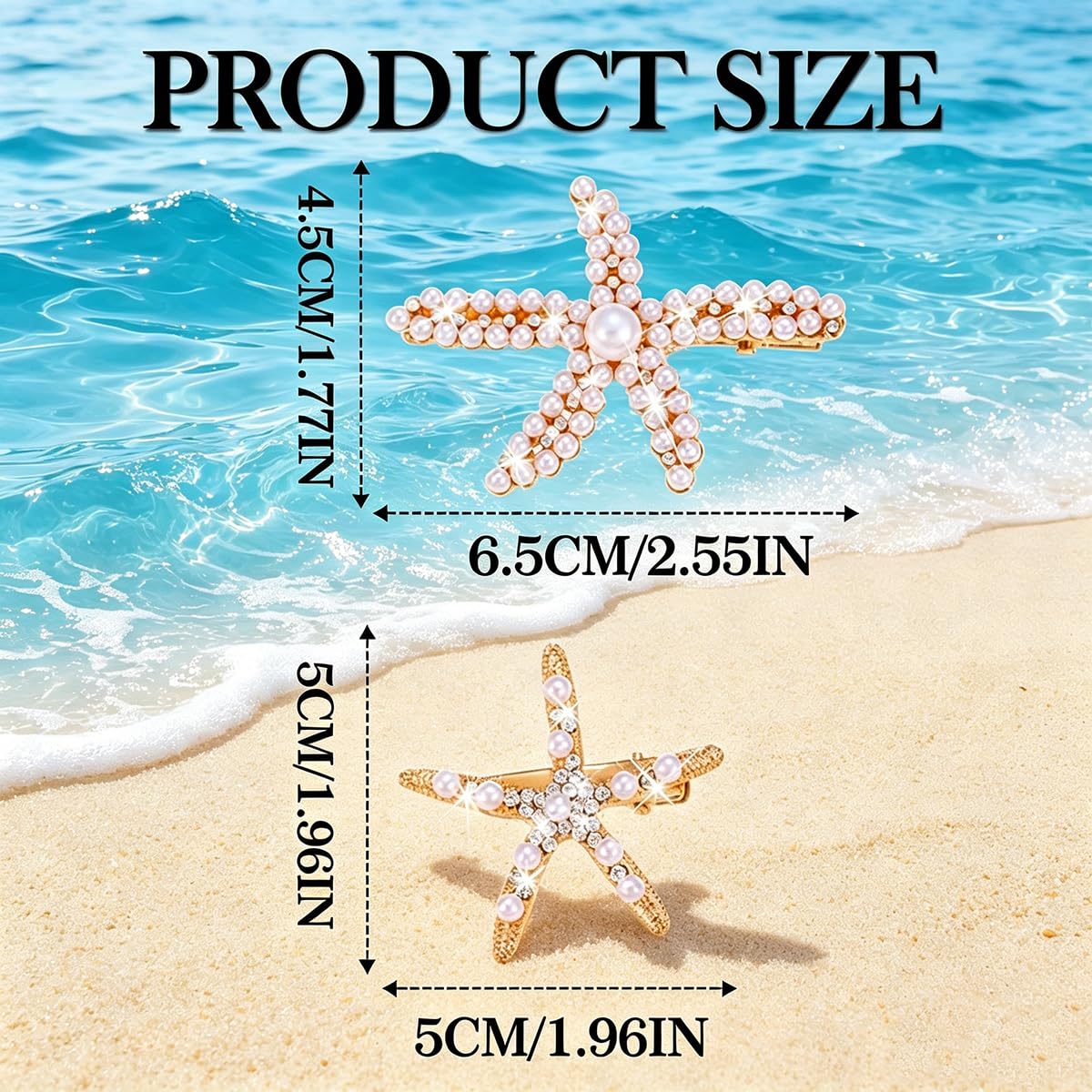 Starfish Hair Clips - Pearl Crystal Rhinestone Barrettes | Non-Slip Ponytail Holders for Weddings & Beach Parties - 2PCS