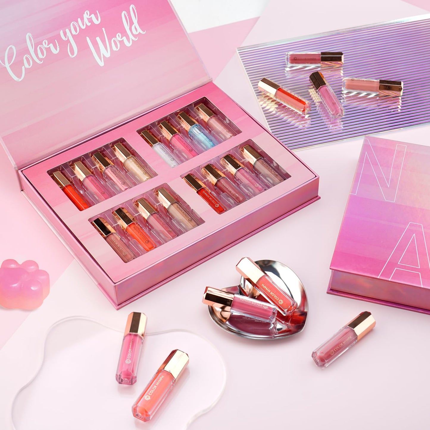16 PCS Lip Gloss Set - Shimmery Long-Lasting Colors for Women & Girls | Iridescent Pink