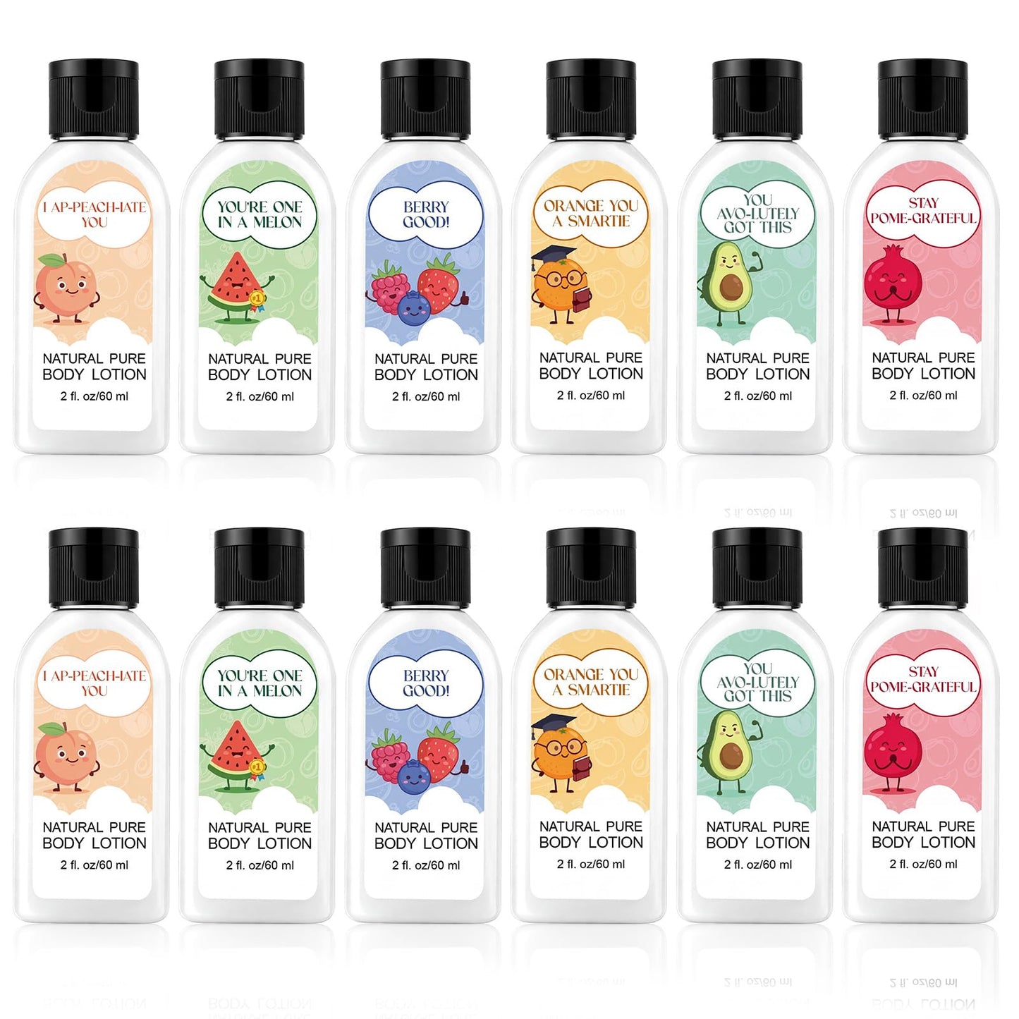 Dansib 12 Pack Fun Fruit Pun Body Lotion Gifts Set for Women Travel Size Fruit Fragrances Moisturizing Mini Body Cream Lotion for Thank You Mother's Day Teacher Week Nurse Week Gift Portable Skincare