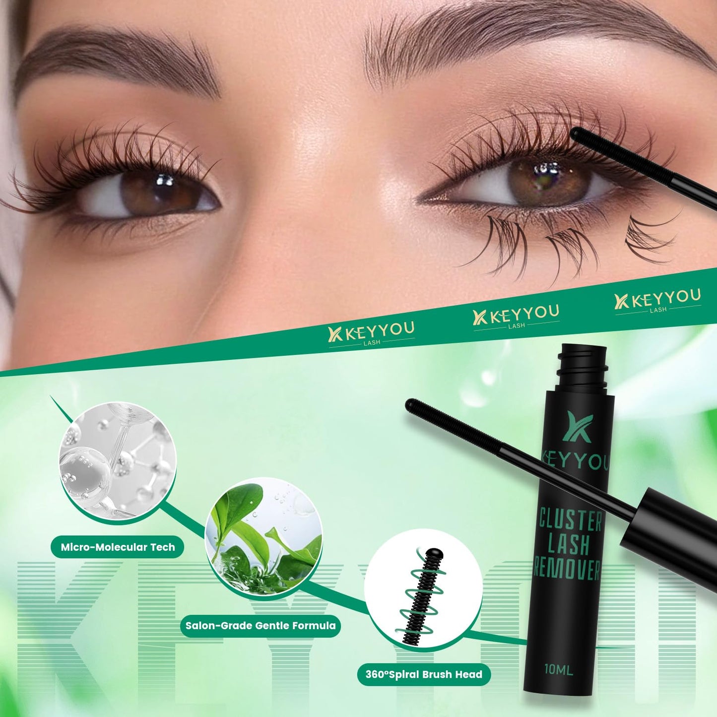 KEYYOU Lash Remover with Brush 10ML, Fast-Acting Lash Glue for Eyelash Cluster, Lash Cluster Remover Oil for False Eyelash Glue Dissolve, Gentle Eye Makeup Cleanser(10mL)