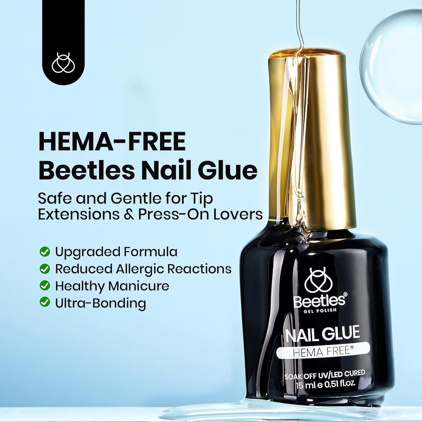 Beetles Nail Glue Gel - HEMA-Free 15ml for Acrylic Tips & Press-On Nails | Super Strong UV Formula, Long-Lasting DIY Kit