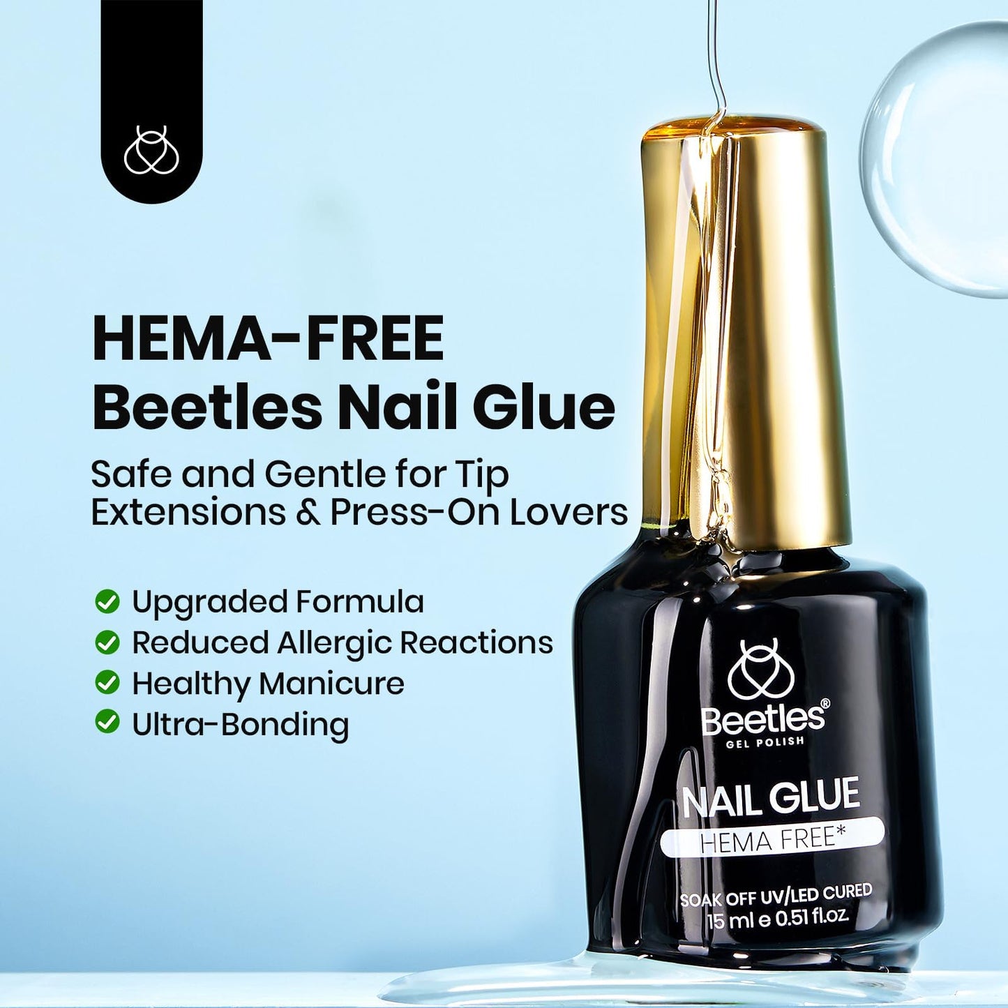 Beetles 2Pcs 15ml Hema-Free Nail Glue Gel for Acrylic Nail Tips & Clear Press On Nails, TPO Free Super Strong U V Nail Glue for Nail Extensions, DIY Long Lasting Nail Gel Kit, Gift for Women