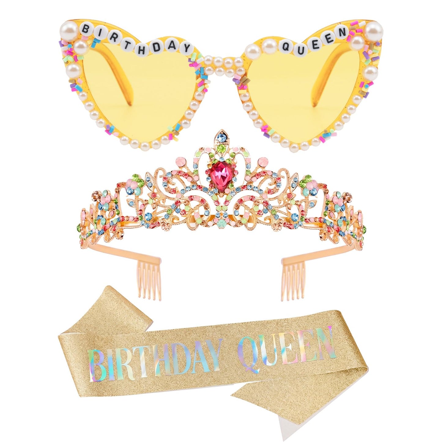 PcwBcn Rainbow Birthday Queen Glasses, Birthday Queen Sash Tiara Crown for Women Girls, 3 Pcs HappyBirth Party Decorations Princess Headband 30th-90th Birth Gifts Hair Accessories