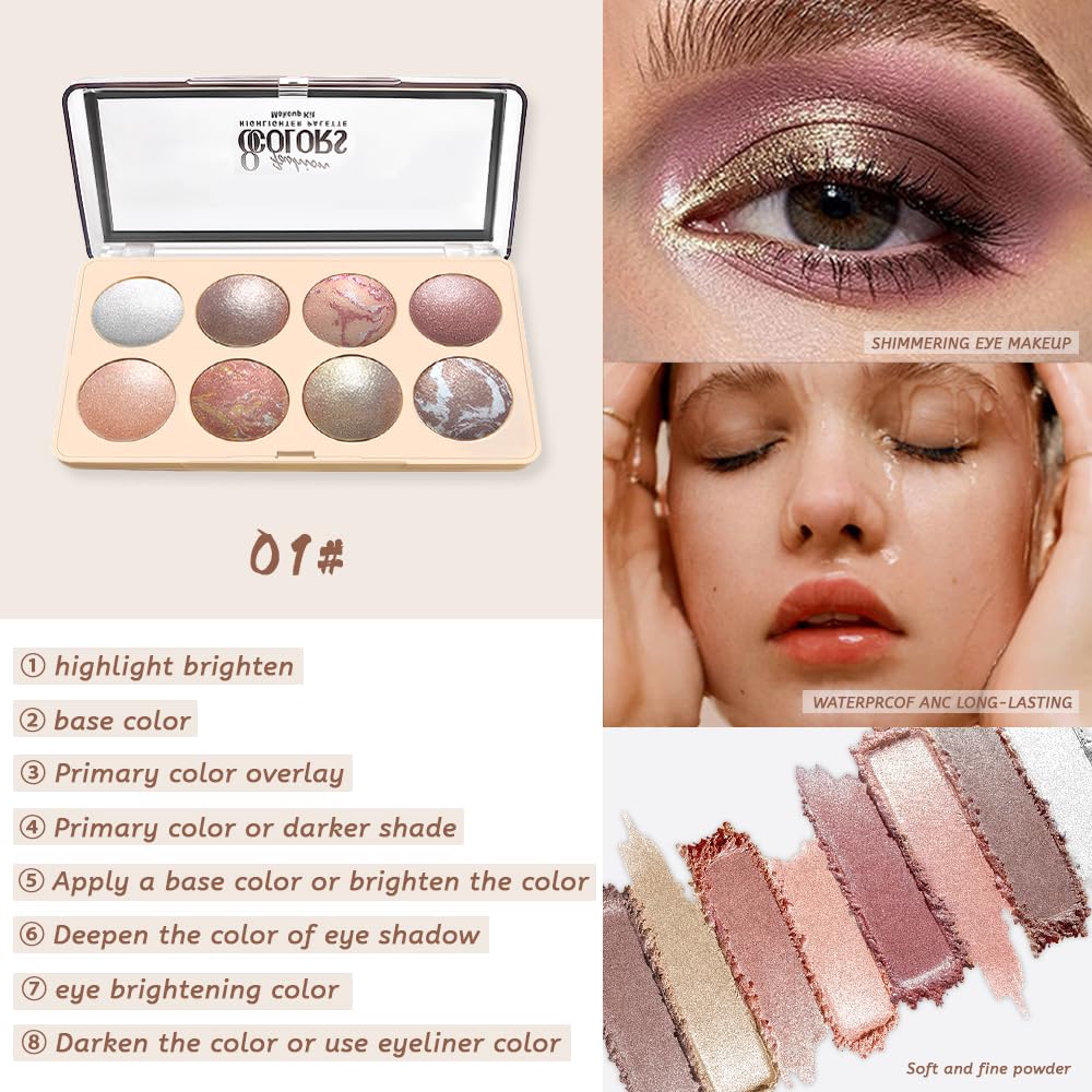 Baked Shimmer Eyeshadow Palette, Pearl Metallic Eye Shadow, Champagne Rose Gold Highlighter Eyeshadow, Luminous Baked Eyeshadow for Soft Glam Party Makeup, Long Lasting Waterproof, Sombra de Ojos 01