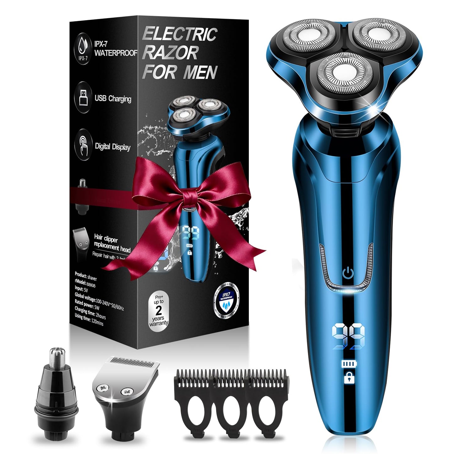 Electric Razor for Men, 3 Floating Heads Waterproof Wet Dry Shaver for Men, LED Display Cordless with Rechargeable Nose Hair Trimmer and Beard Trimmer,Prtable Travel Men's Razors