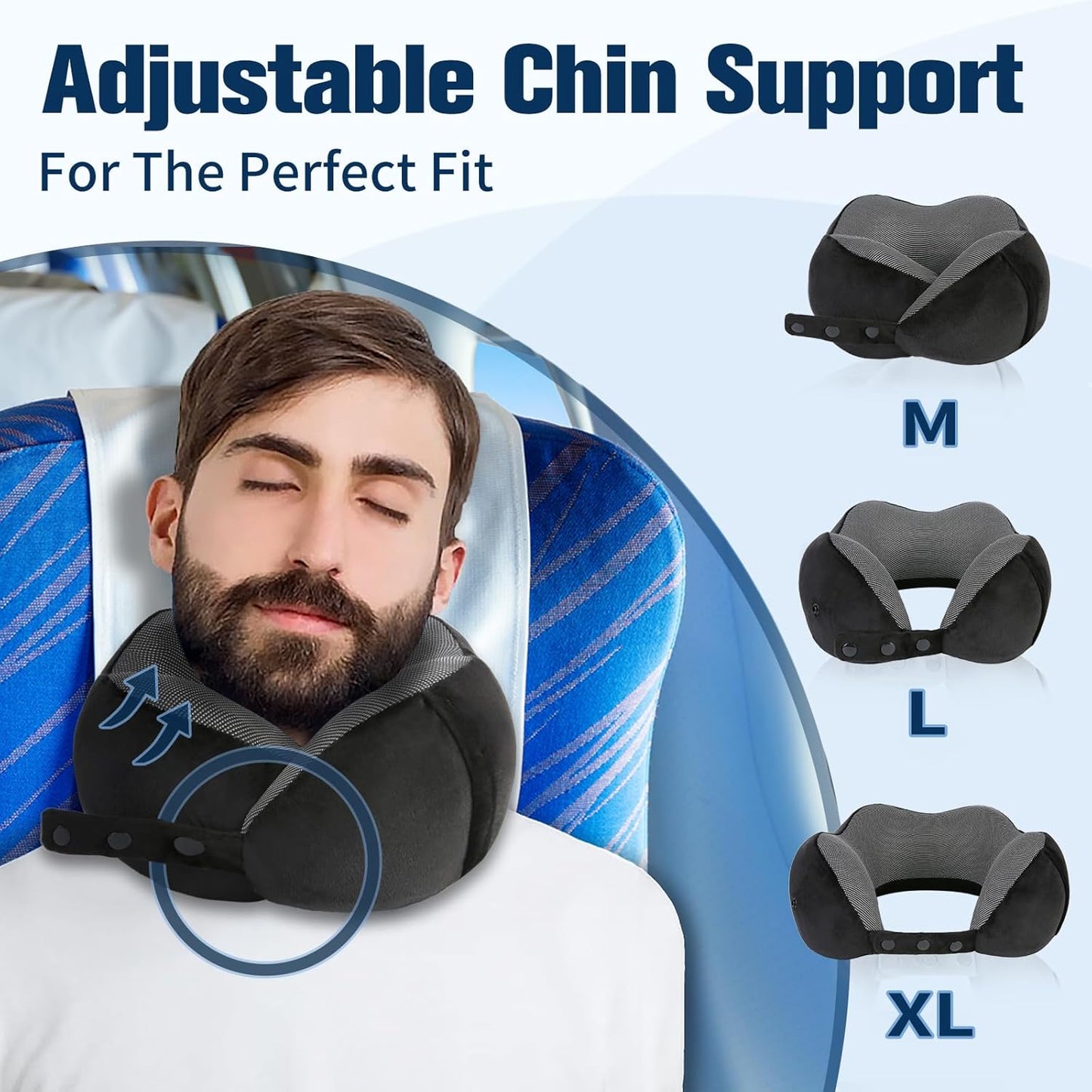 Travel Neck Pillow - 100% Pure Memory Foam with Eye Mask & Earplugs | Adjustable & Portable for Airplanes