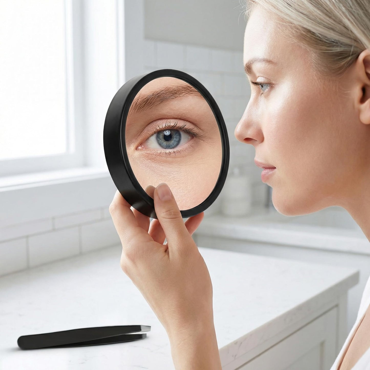 50X Magnifying Makeup Mirror, Small Round Cosmetic Tool with Suction Cups and Tweezers, Portable Handheld Mini Compact Mirror for Precision Pore Extraction Eyebrow Plucking and Travel Black