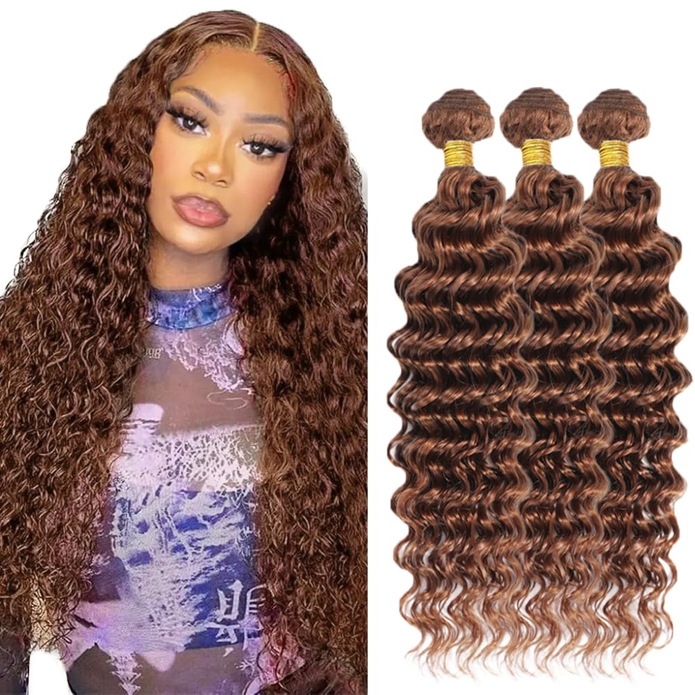 DiexrLamx Brown Bundles Human Hair Color 30 Deep Wave Bundle 22 24 26 Inch 8A Peruvian Virgin Hair 3 Bundles Light Brown Deep Wave Bundle