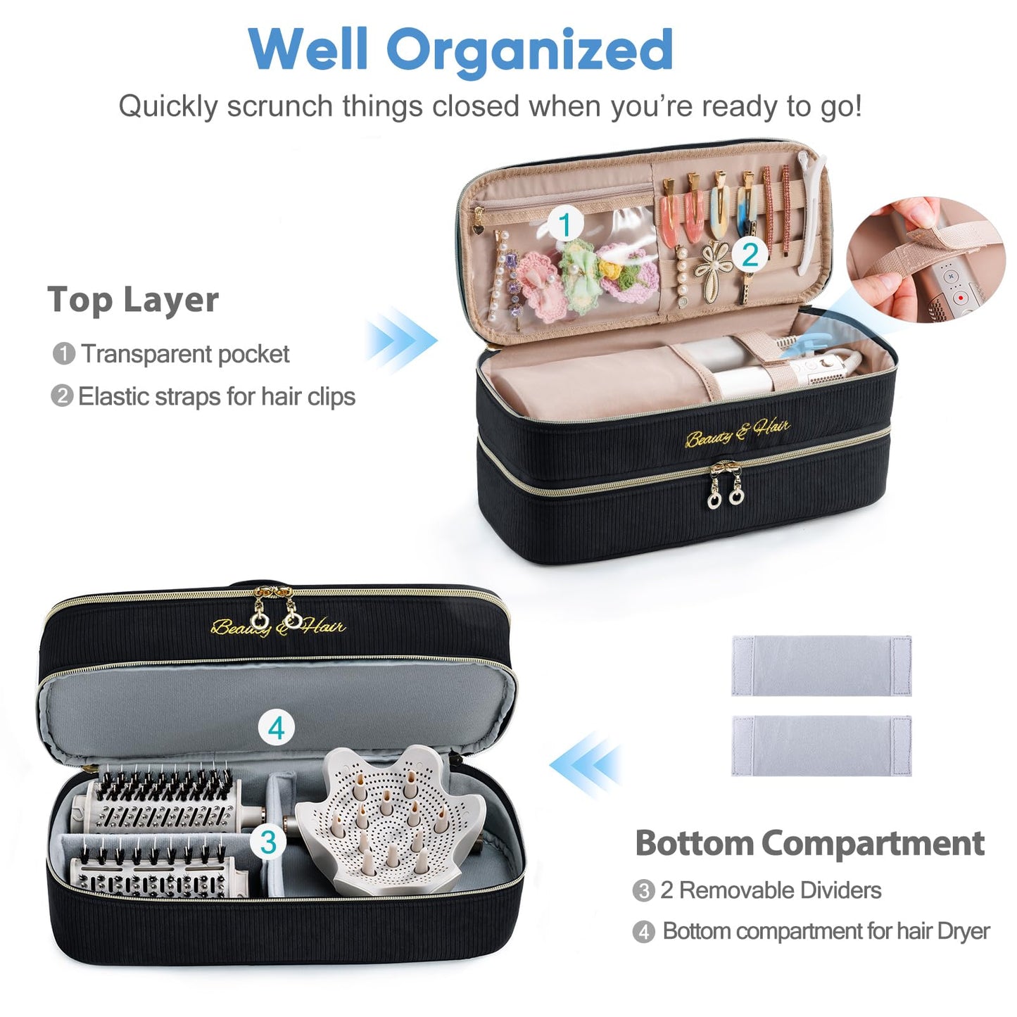 ELCUPA Double-layer Hair Tools Travel Case with Black Hair Dryer Bag with Detachable Divider compatible with Shark FlexStyle/SmoothStyle - Flat Curling Iron Travel Organizer