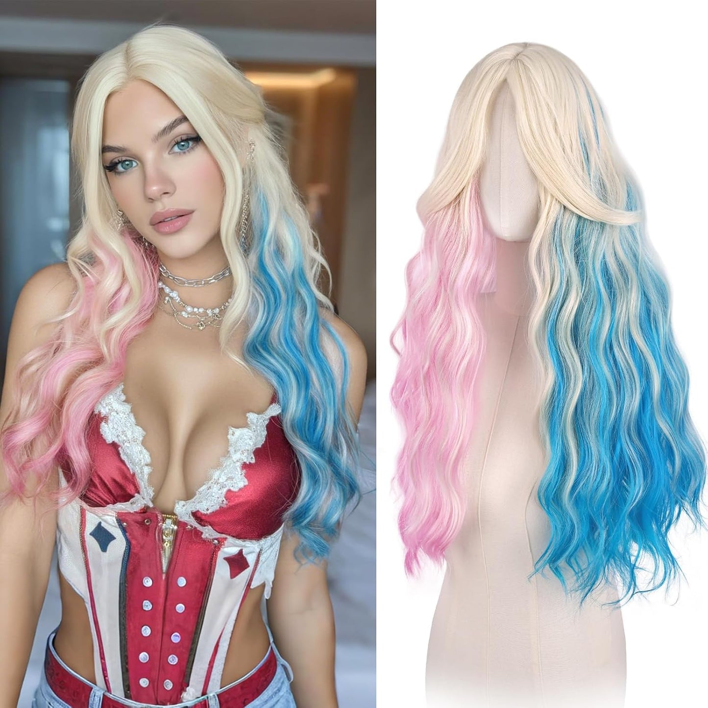 Pink Wigs for Women - Long Wavy Synthetic Hair Wig with Curtain Bangs | 26 Inch Natural Look for Daily Wear & Cosplay