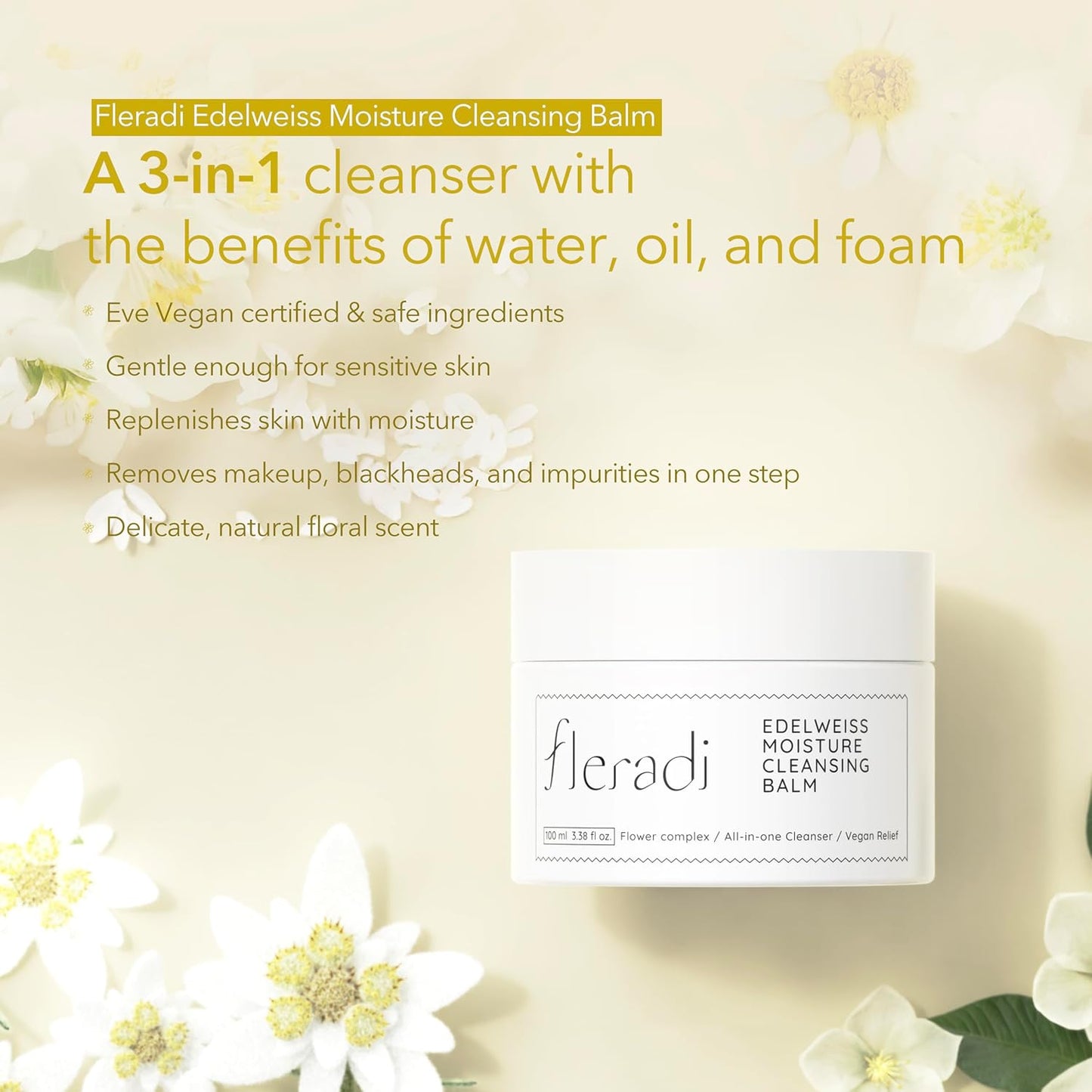 Edelweiss Cleansing Balm - Vegan Makeup Remover & Face Cleanser | Natural Flower Extracts, 3.38 fl oz