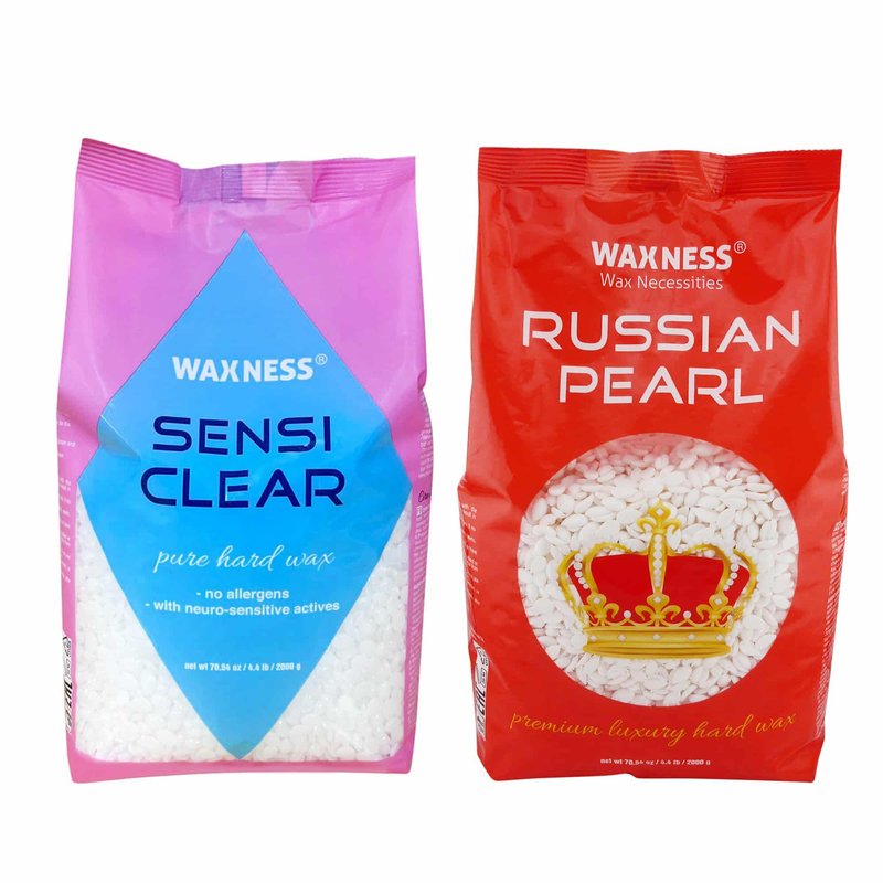 Waxness RUSSIAN PEARL (Creamy) and SENSI CLEAR (Gel) Rosin-Free Stripless Hard Wax for Sensitive Skin, Brazilian & Full Body Hair Removal DOUBLE SIZE 4.4 lb / 2 kg, Pack of 2 (8.8 LB), Made in Italy