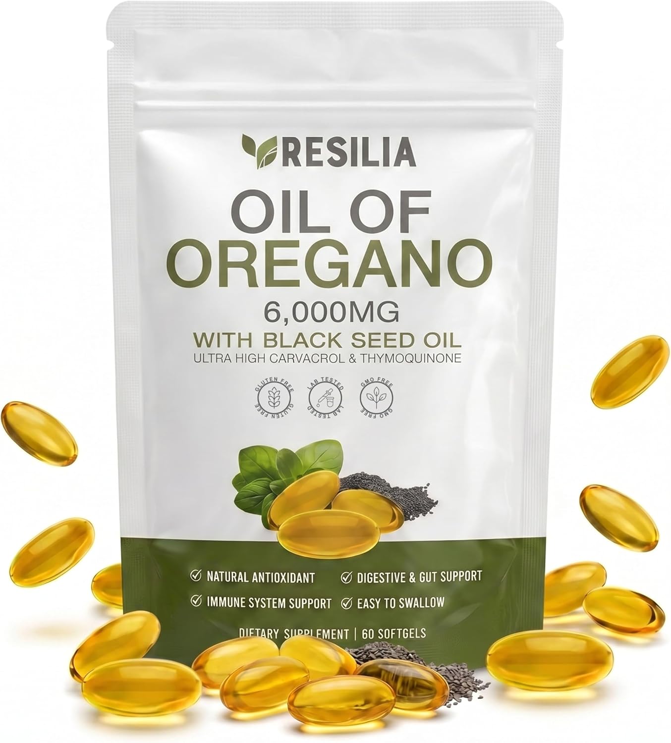 Resilia Black Seed Oil Softgels 6000mg - Premium Oregano Oil Capsules for Immune & Digestive Support | Non-GMO, Gluten-Free (60 Count)