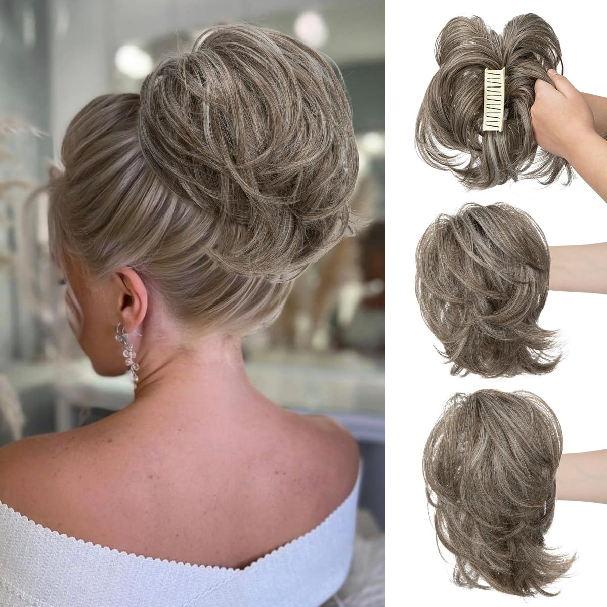 CJL Hair Claw Clip Short Ponytail Extensions - Bendable Metal Messy Bun Piece | Wavy Curly Synthetic Hair, Ash Grey