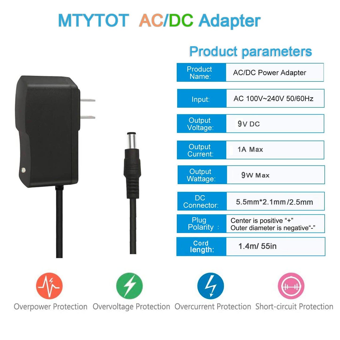 9V DC Power Supply 1A AC Adapter, 100-240V 50/60Hz 9 Volts 1Amp 600mA Transformer, DC 9V Power Cord Adapter,5.5mm*2.5mm[Output Tip: Center Positive (+)] and 8 Tips