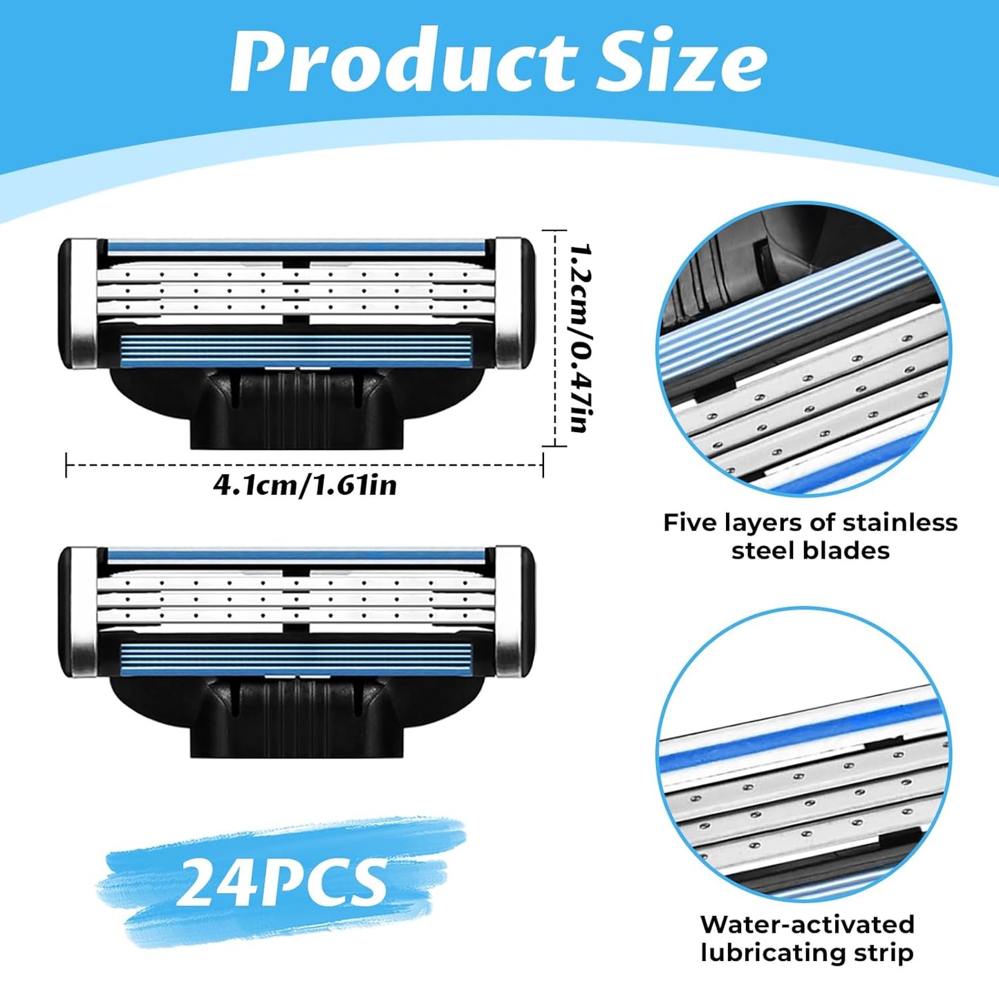 Razor Blade Refills for Men - 24PCS Mach 3 Compatible Blades with Dual Lubrication for a Close, Comfortable Shave