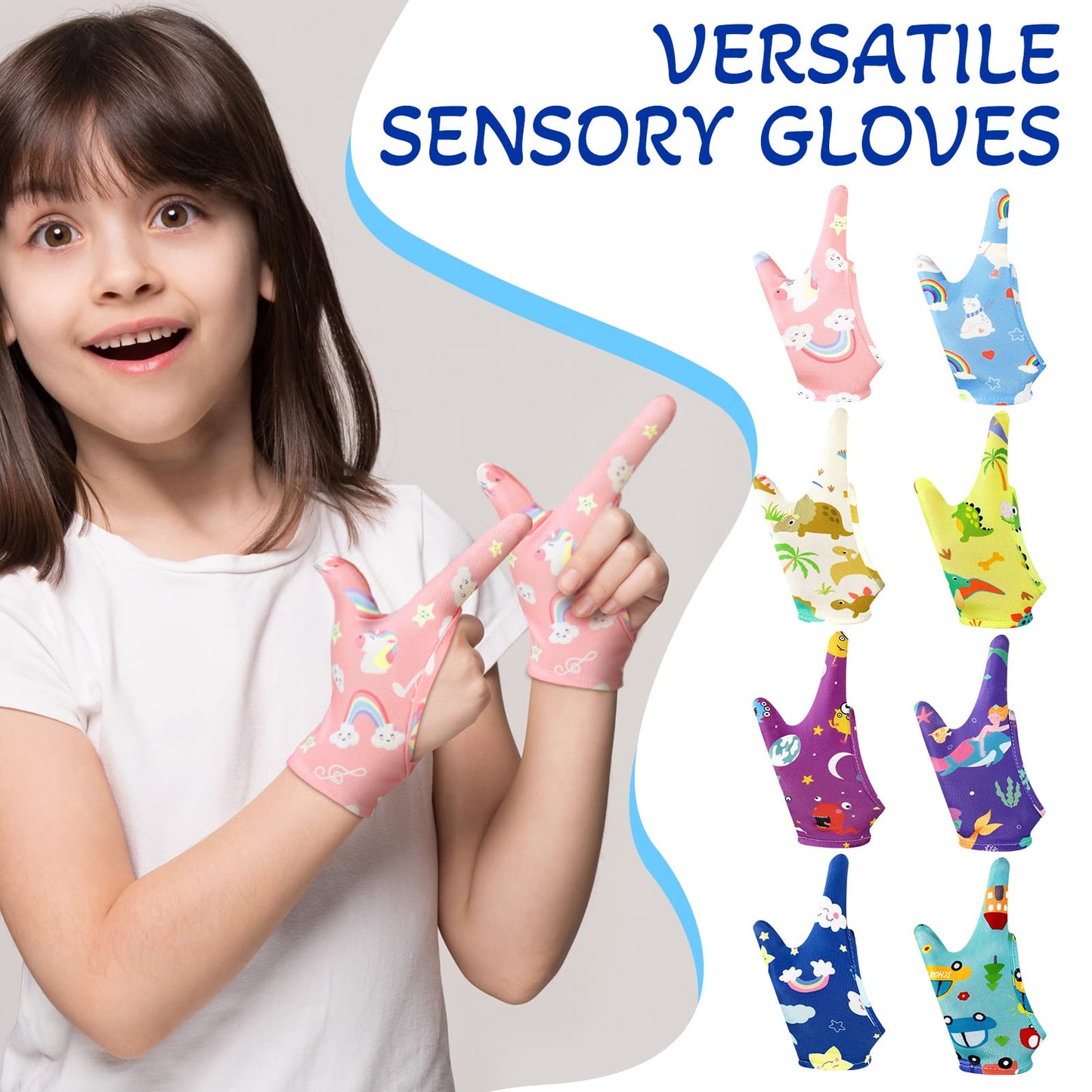 Janmercy 16 Pcs Thumb Sucking Stop for Kids Chewy Gloves Stop Breathable Thumb Guard for Nail Biting Gloves Cute Finger Sucking Stopper for Kids, 8 Style, 2 Finger(8-12 Years)