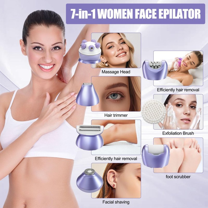 3.0 Women Face Epilator, 7-in-1 Rechargeable Facial Hair Remover with LED Battery Display, Facial Shaver for Face, Eyebrow, Nose Trimmer (Purple)
