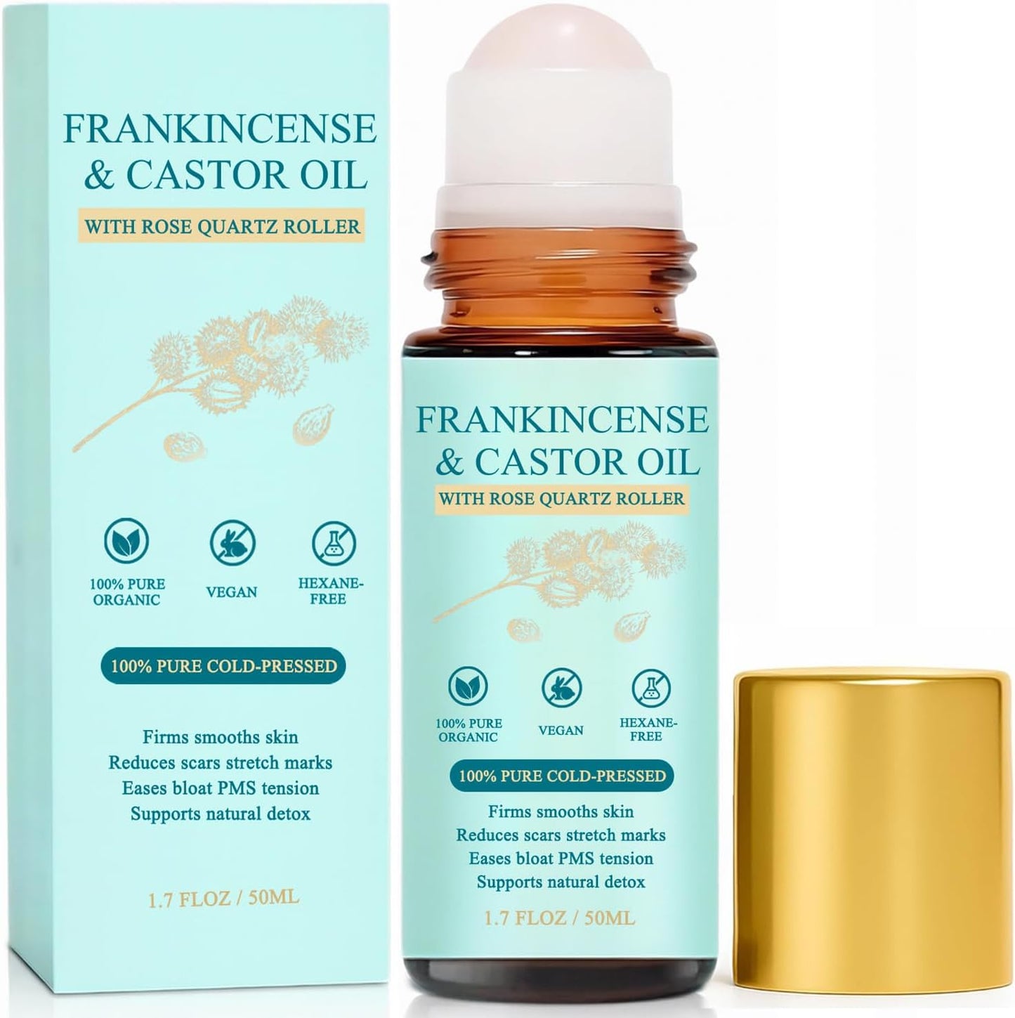 Rose Quartz Roller with Frankincense & Castor Oil - Organic Cold-Pressed Roll-On | Firms Skin, Brightens Eyes, Reduces Scars & Stretch Marks 1.7 Fl Oz
