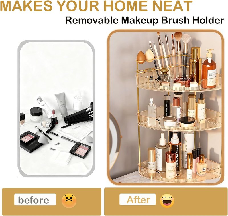 3-Tier Corner Bathroom Counter Organizer - Makeup & Skincare Storage with Brush Holder | Amber