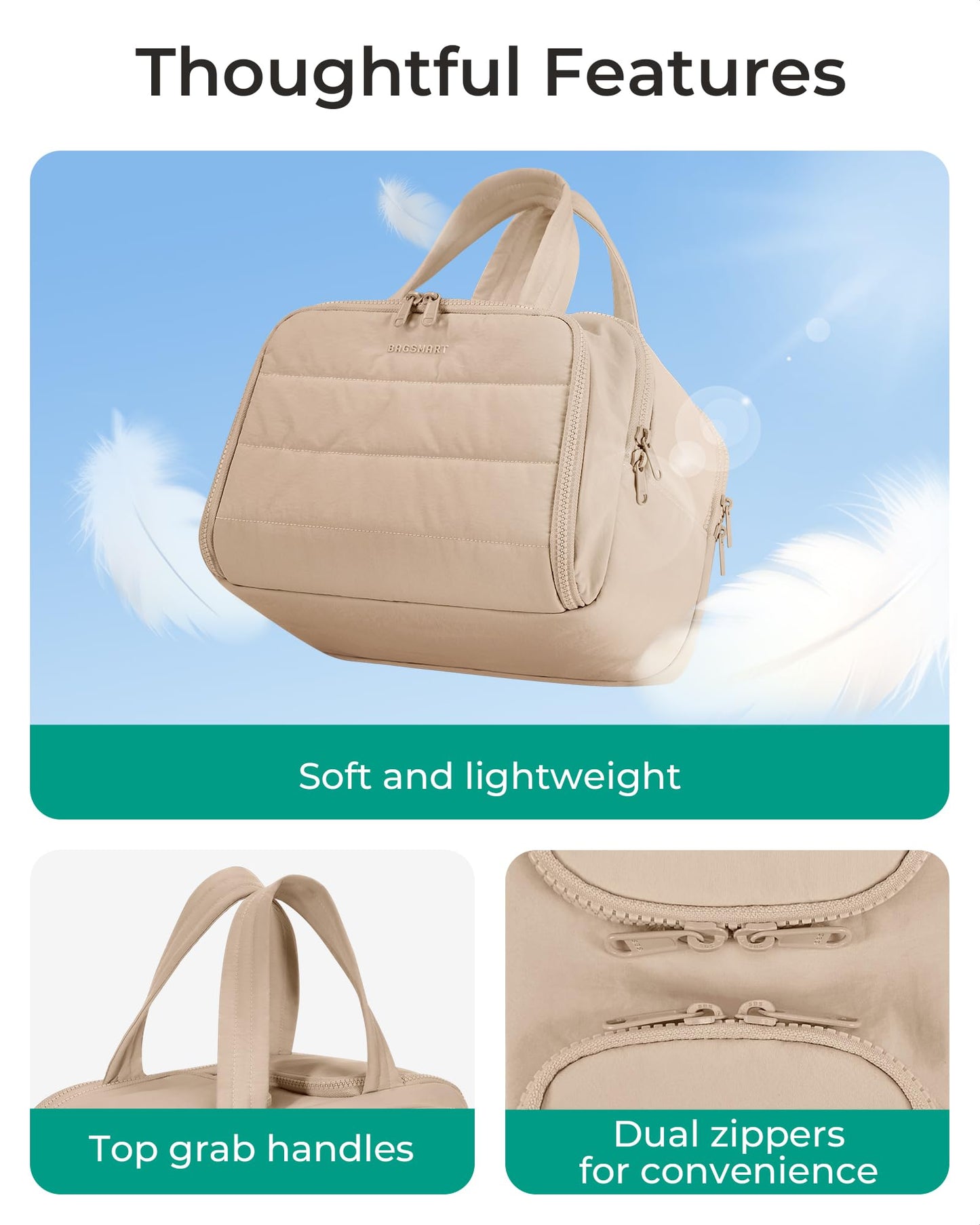 BAGSMART Travel Toiletry Bag, Puffy Toiletry Bag for Women, Wide-open toiletry bags for traveling, Large Travel Cosmetic Makeup Bag Organizer for Accessories,Toiletrie (Khaki)