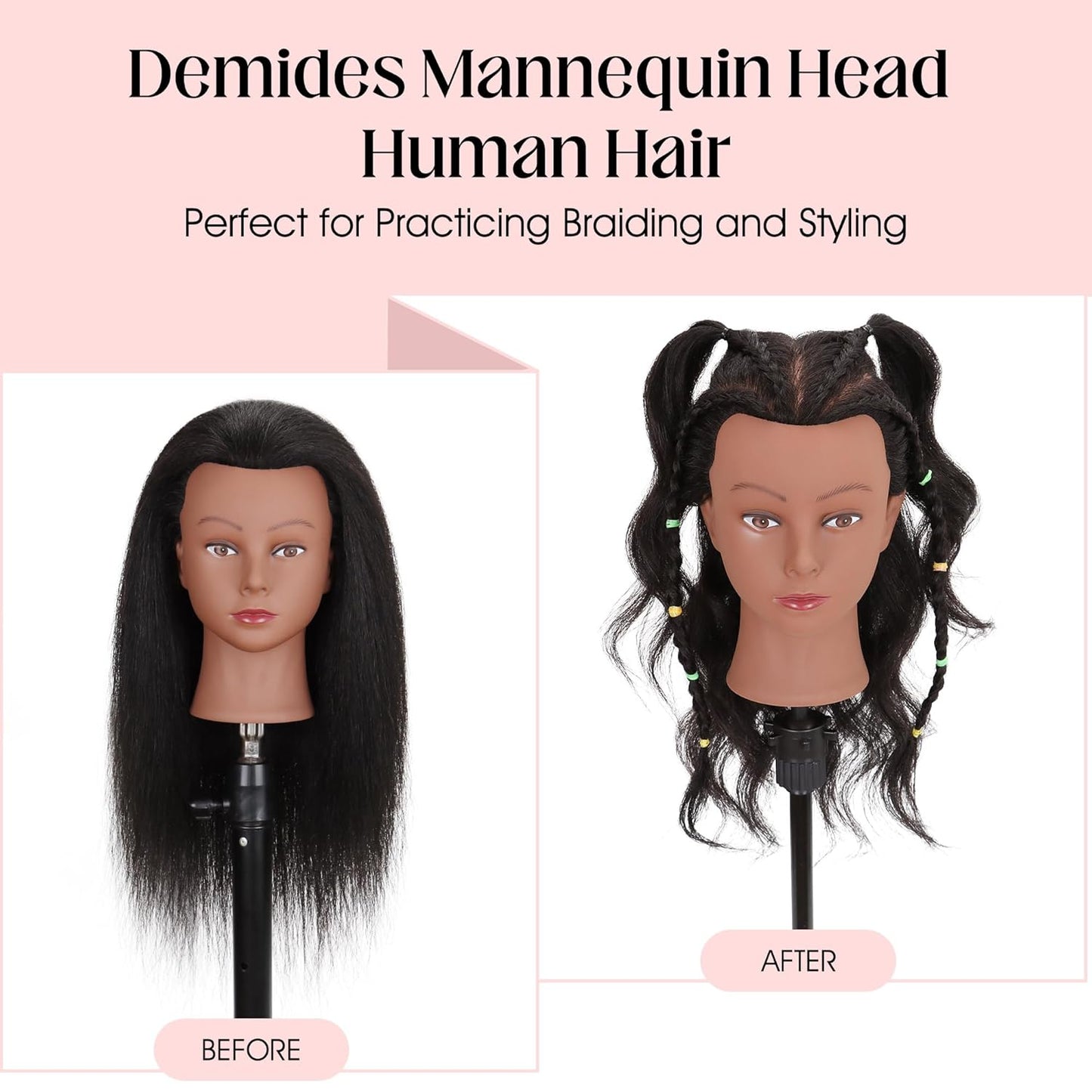 Mannequin Head - 100% Real Human Hair 16” Cosmetology Doll Head for Hair Styling & Braiding | Black