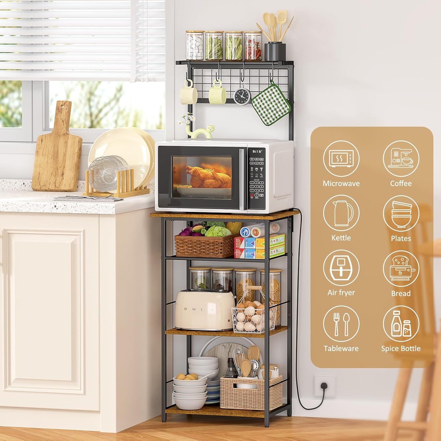 5 Tier Coffee Bar Station - Farmhouse Kitchen Stand with 4 Hooks | Space-Saving Cabinet for Small Areas, 13.43"D x 18.93"W x 53.31"H