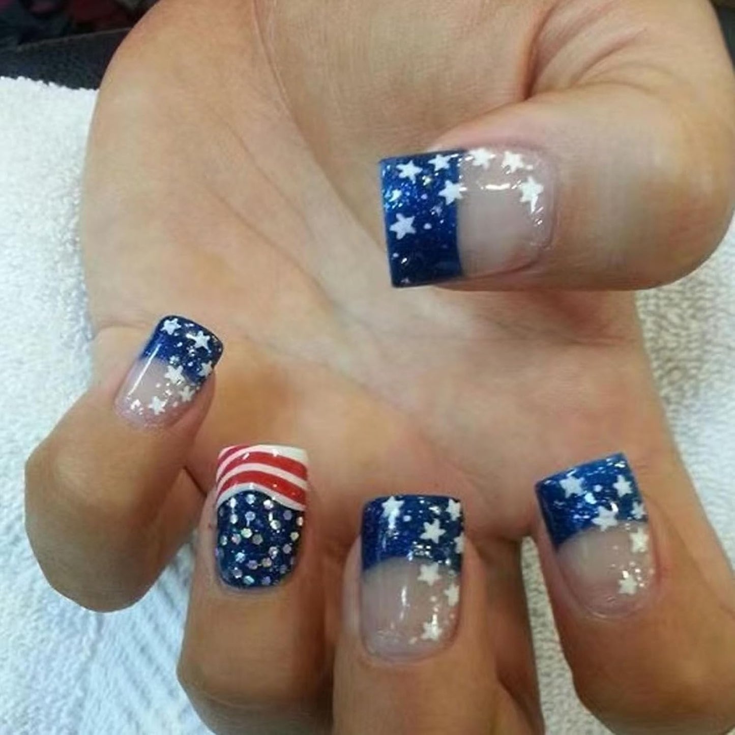 Press On Nails - Medium Square American Flag Glitter Design | 24Pcs Red, Blue & Gold 4th of July Fake Nails
