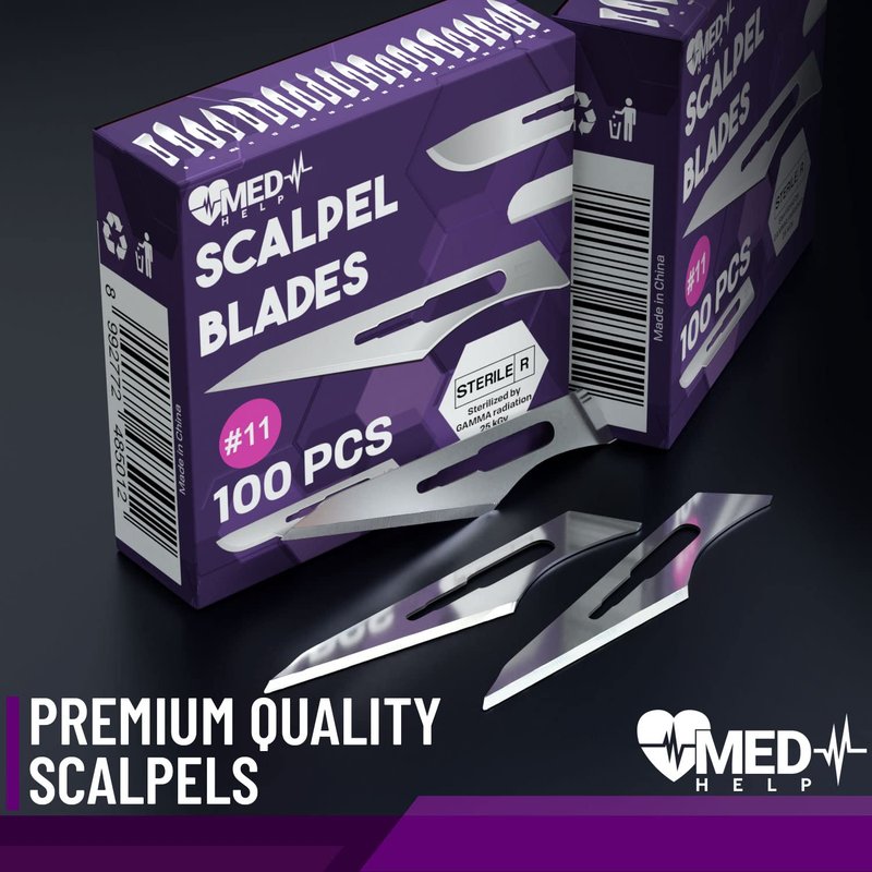MedHelp 100 Disposable Surgical Blades 11, Size 11 Medical Scalpel Blades for Surgical Scalpel Knife, High Carbon Steel Dermablades. Individually Wrapped