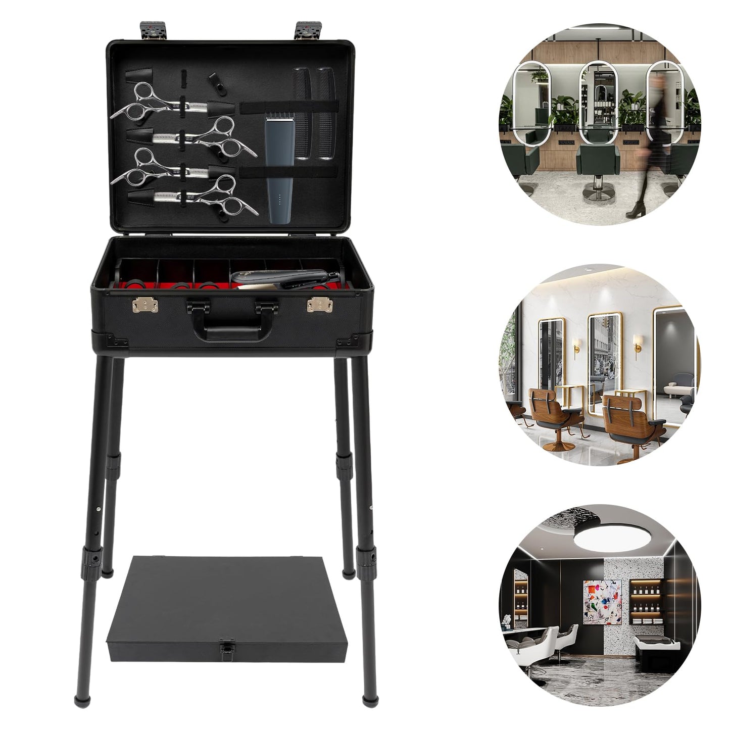 DUSNDULR Mobile Barber Station, 18.11-31.5in Adjustable Height Professional Barber Case Hair Stylist Toolbox with Support Legs & Lock for Barbershops