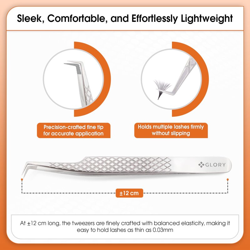 Glory 90 Degree Angle Lash Tweezers for Eyelash Extensions – Precision Fiber Tip Diamond Grip Stainless Steel Lash Tool for Mega Volume, Classic & Professional Lash Tech Supplies