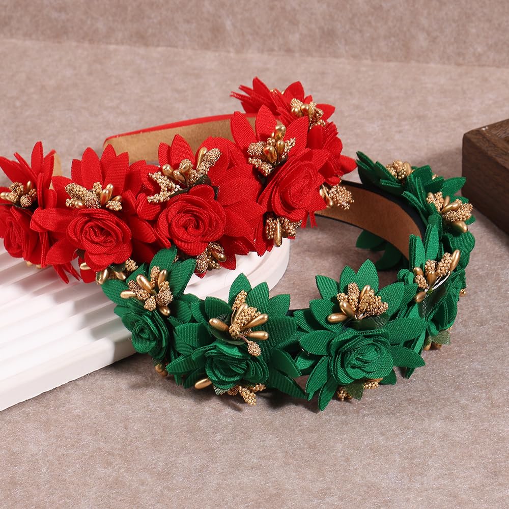 TURTLEDOVE Red Green Rose Fairy Headband, Baroque Chunky Flower Headbands for Women, Flower Fairy Accessories with Gold Accents