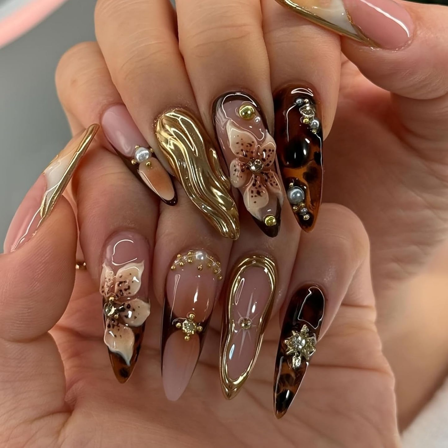 Almond Press-On Nails - Ombre French Tip with Butterfly Designs | 24 Pcs Set for Women