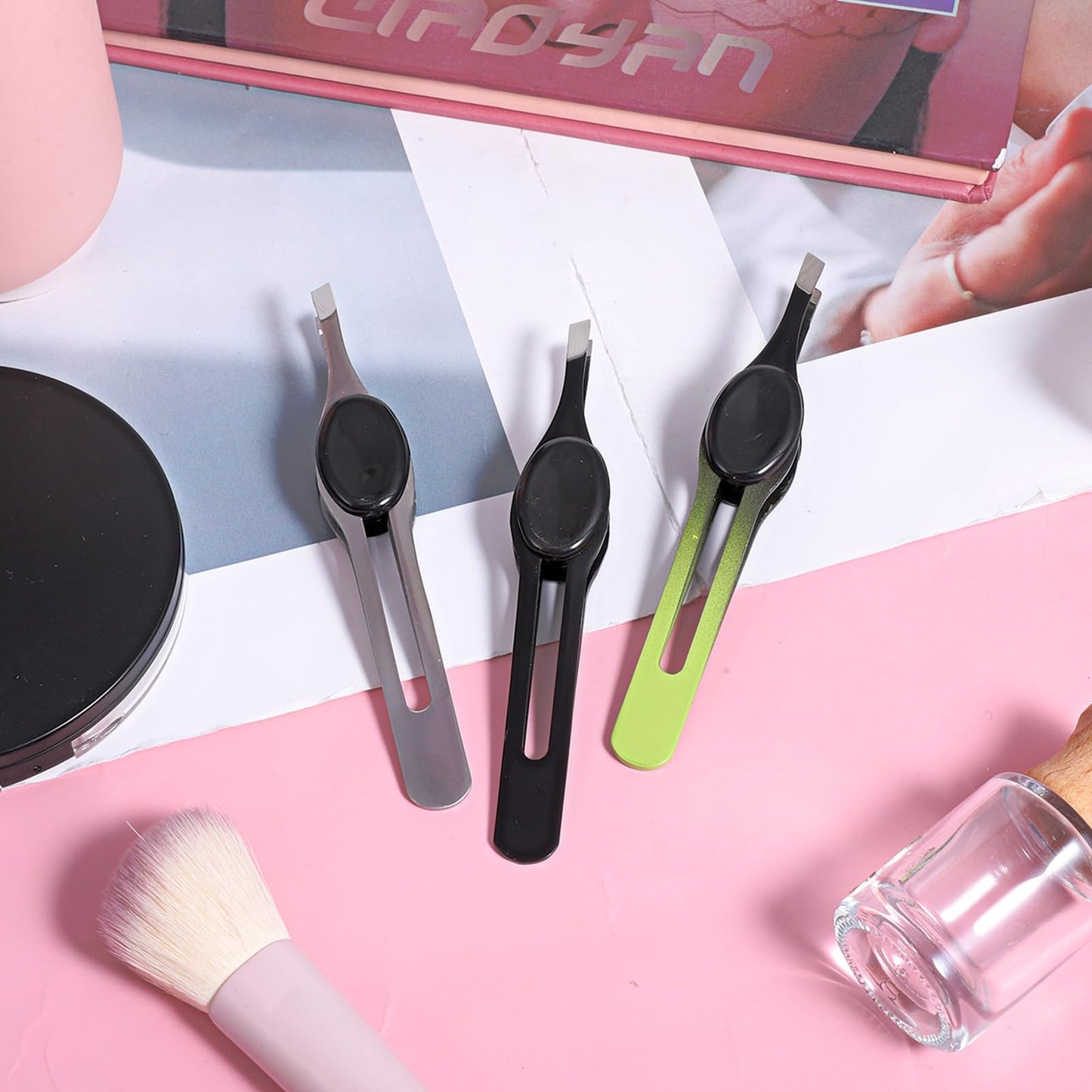 5Pcs Eyebrow Tweezer with Grips Tweezers for Women Facial Hair Ingrown Slant Tip Non Slip Stainless Steel Hair Tweezer with Non-Slip Grip, Black, Silver, Green